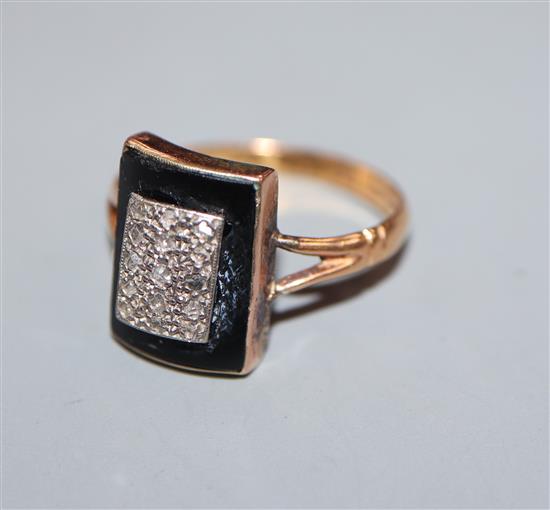 A Victorian 22ct gold shank, with associated yellow metal ,black onyx and rose cut diamond chip set ring head, size Q.